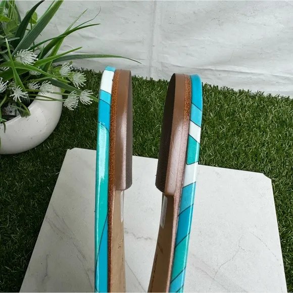 LARROUDE Sandals Turquoise Blue IvyFlat Mule Patent Leather Wave Aqua size 7