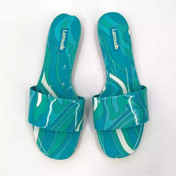 LARROUDE Sandals Turquoise Blue IvyFlat Mule Patent Leather Wave Aqua size 7