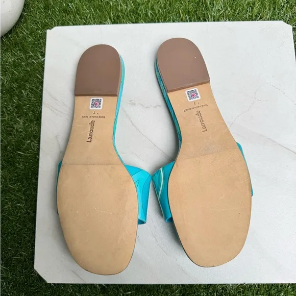 LARROUDE Sandals Turquoise Blue IvyFlat Mule Patent Leather Wave Aqua size 7
