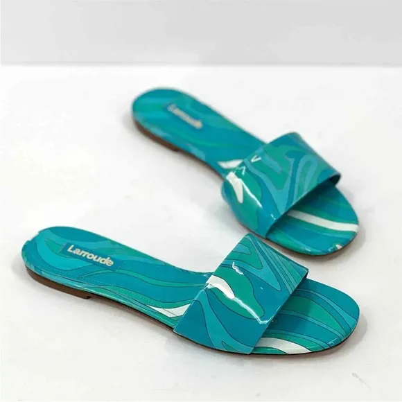 LARROUDE Sandals Turquoise Blue IvyFlat Mule Patent Leather Wave Aqua size 7