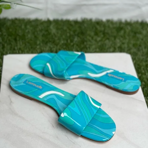 LARROUDE Sandals Turquoise Blue IvyFlat Mule Patent Leather Wave Aqua size 7