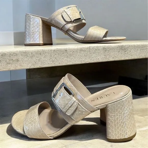 Lauren Ralph Lauren Farie Snakeskin Light Beige Slip On Two Band Dressy Heels