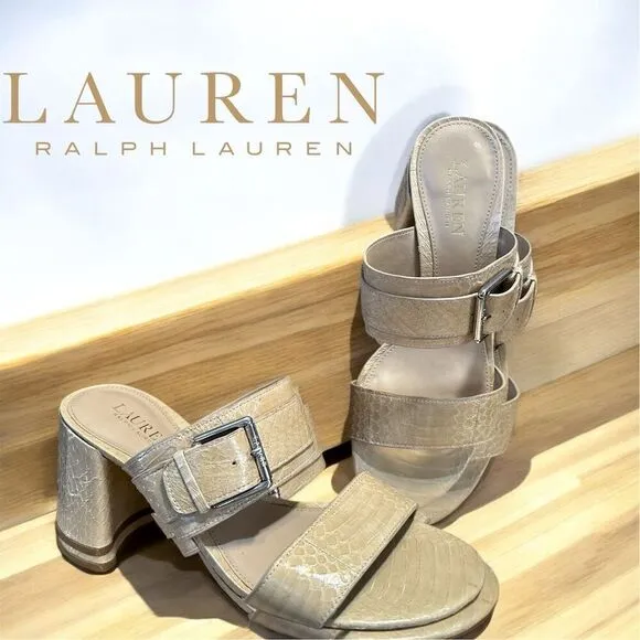 Lauren Ralph Lauren Farie Snakeskin Light Beige Slip On Two Band Dressy Heels