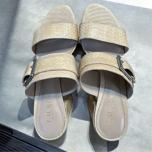 Lauren Ralph Lauren Farie Snakeskin Light Beige Slip On Two Band Dressy Heels