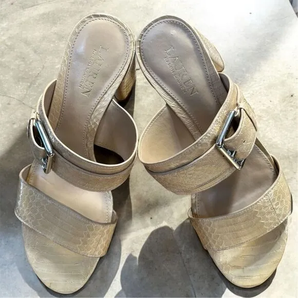 Lauren Ralph Lauren Farie Snakeskin Light Beige Slip On Two Band Dressy Heels
