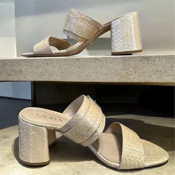 Lauren Ralph Lauren Farie Snakeskin Light Beige Slip On Two Band Dressy Heels