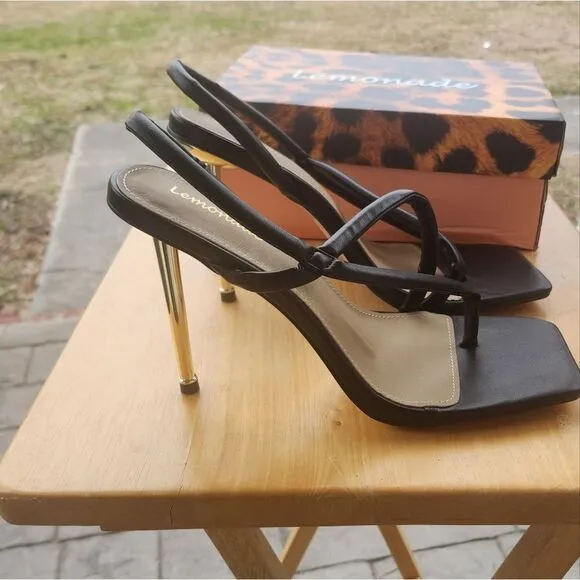 LEMONADE CADILLAC CROSS STRAP SQUARE TOE METALLIC HEEL MULE SANDALS