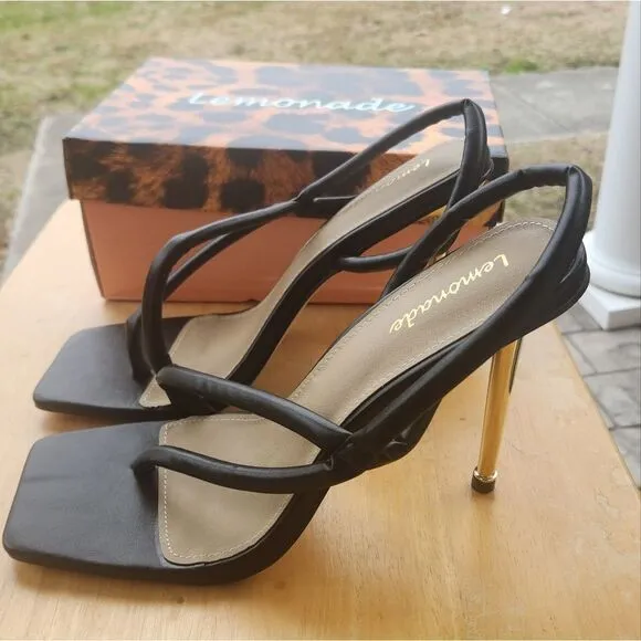 LEMONADE CADILLAC CROSS STRAP SQUARE TOE METALLIC HEEL MULE SANDALS