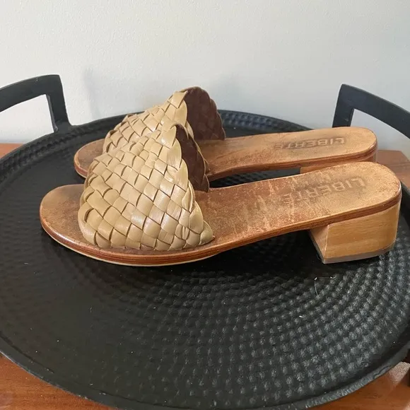 Liberté Santorini Women's Tan / Brown Woven Leather Mules Wooden Heel Sandals 10