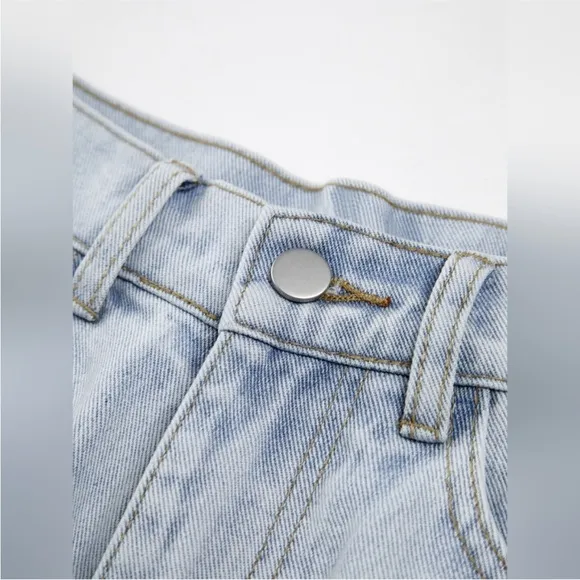 Light wash blue denim jeans- straight leg raw hem perfect closet essential jeans