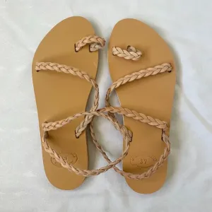 LightBleu Greek Leather Sandals Women's US 6 EU 37 Nude Tan Slip On Braided