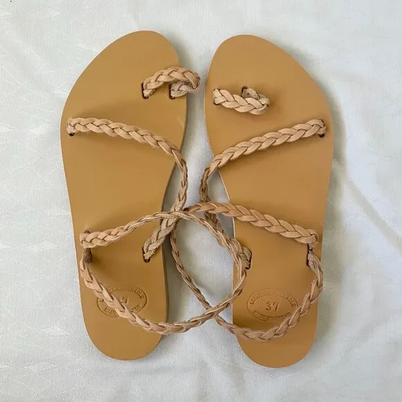LightBleu Greek Leather Sandals Women's US 6 EU 37 Nude Tan Slip On Braided