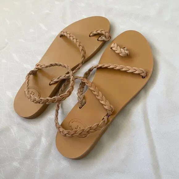 LightBleu Greek Leather Sandals Women's US 6 EU 37 Nude Tan Slip On Braided
