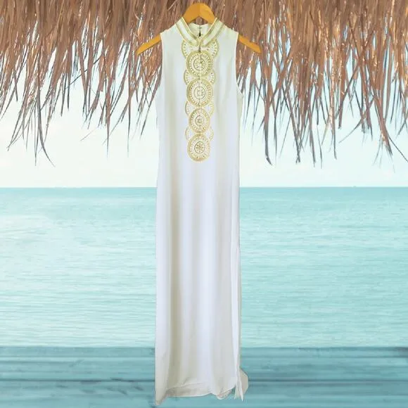 Lilly Pulitzer Jane Maxi Dress Size 2 Resort White Gold Embroidery Bridal