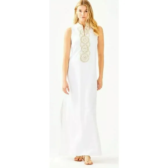 Lilly Pulitzer Jane Maxi Dress Size 2 Resort White Gold Embroidery Bridal