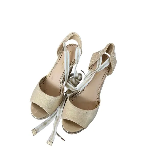 Lily Pulitzer Womens Natural Gold  Peep Toe Ankle Tie Alyssa Wedge Sandals Sz 8