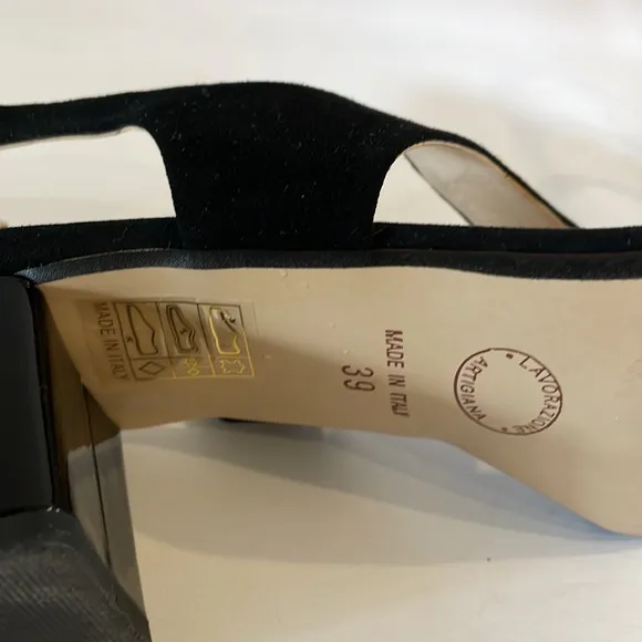 LINEA UNO VERA PELLE genuine patent leather / suede black sandals block heel 39