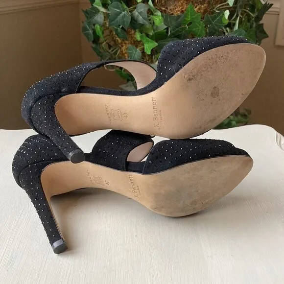 L.K. Bennett London Alondra Crystal Black Heeled Sandals Size 9.5 Made in Italy