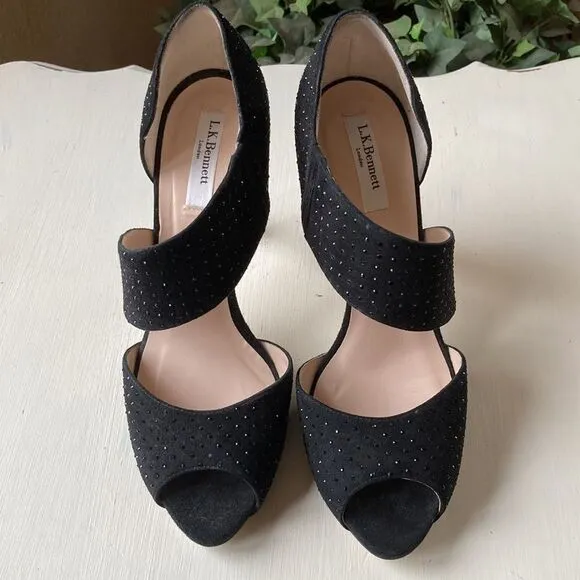 L.K. Bennett London Alondra Crystal Black Heeled Sandals Size 9.5 Made in Italy