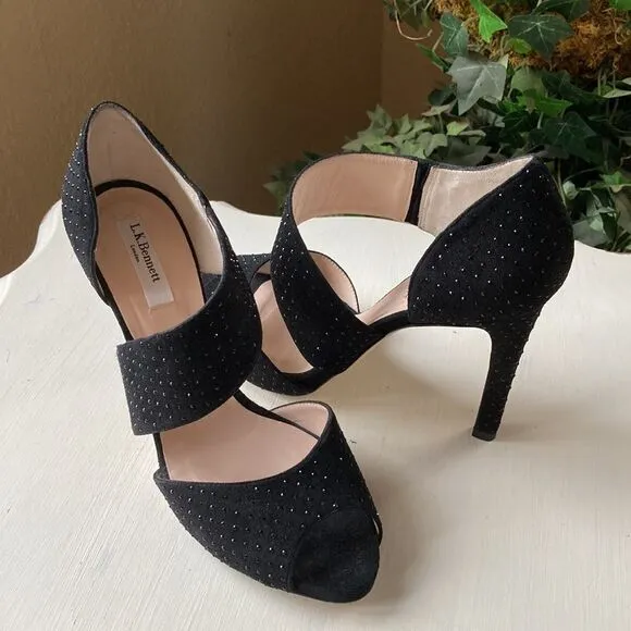 L.K. Bennett London Alondra Crystal Black Heeled Sandals Size 9.5 Made in Italy