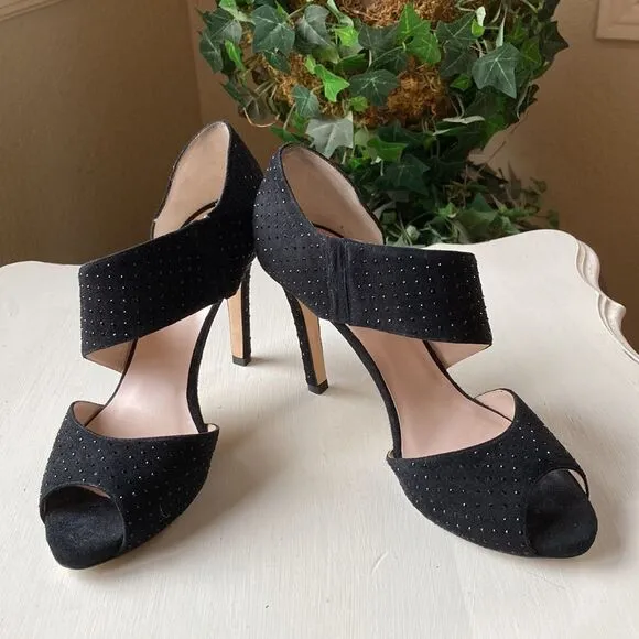 L.K. Bennett London Alondra Crystal Black Heeled Sandals Size 9.5 Made in Italy