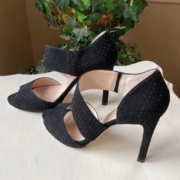 L.K. Bennett London Alondra Crystal Black Heeled Sandals Size 9.5 Made in Italy