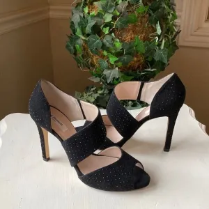 L.K. Bennett London Alondra Crystal Black Heeled Sandals Size 9.5 Made in Italy