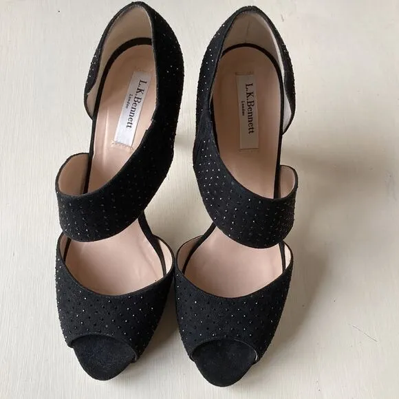 L.K. Bennett London Alondra Crystal Black Heeled Sandals Size 9.5 Made in Italy
