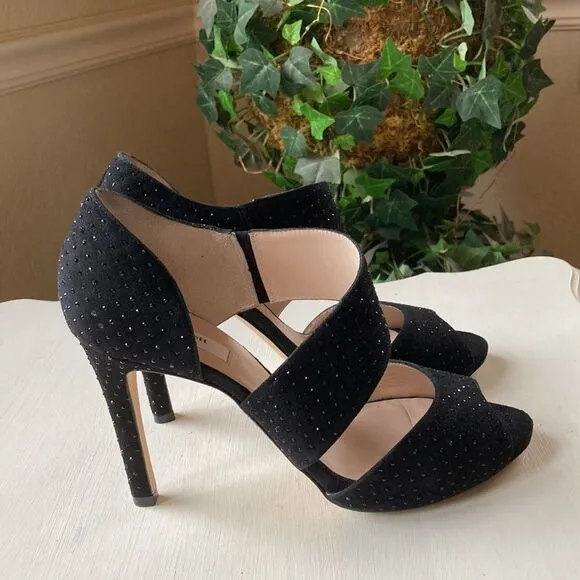 L.K. Bennett London Alondra Crystal Black Heeled Sandals Size 9.5 Made in Italy