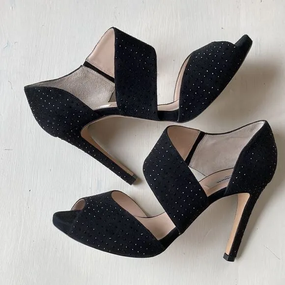 L.K. Bennett London Alondra Crystal Black Heeled Sandals Size 9.5 Made in Italy