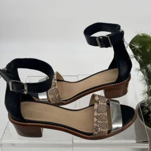 Loeffler Randall Women's Henry Leather Snake City Sandal Black Cream Silver 8.5B