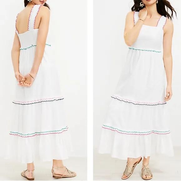 LOFT NEW Rainbow Ruffle Strappy White Cotton Modal Strappy Tiered Maxi Dress