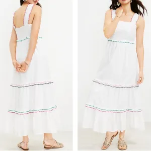 LOFT NEW Rainbow Ruffle Strappy White Cotton Modal Strappy Tiered Maxi Dress