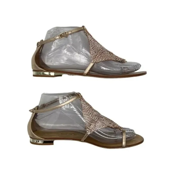 Lola Cruz Leather Crystal Embellishments T-Strap Sandals - 6.5