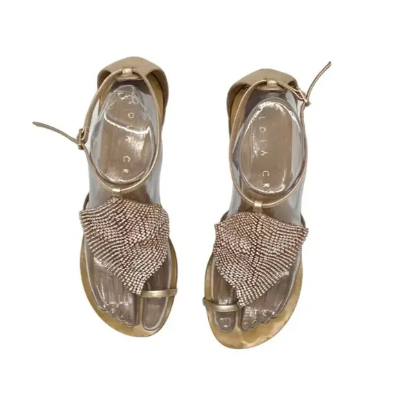 Lola Cruz Leather Crystal Embellishments T-Strap Sandals - 6.5