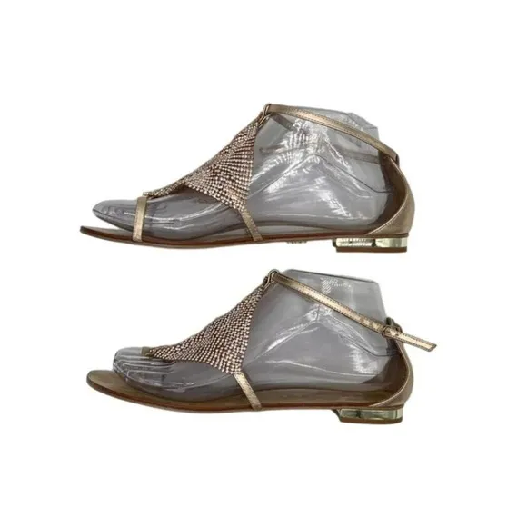 Lola Cruz Leather Crystal Embellishments T-Strap Sandals - 6.5
