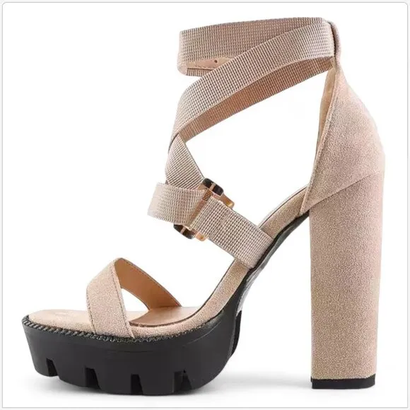 London Rag Fresh Daisy Harness Straps Platform High Heels Sandals Latte NEW 8.5