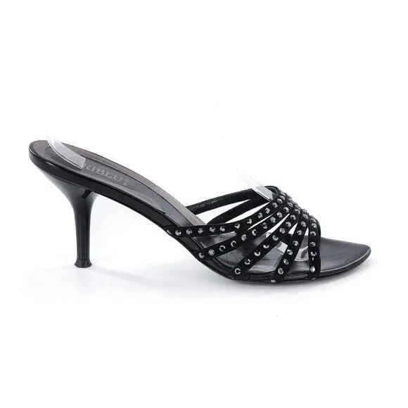 LORIBLU Black Studded Suede Leather Slip On Slide Sandals