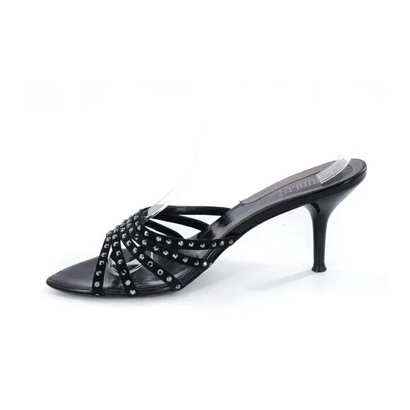 LORIBLU Black Studded Suede Leather Slip On Slide Sandals