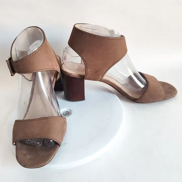 Louise Et Cie Taupe Leather Open Toe 3&quot; Block Heel Ankle Strap Sandals 8 /38 EUC