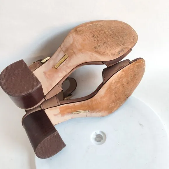 Louise Et Cie Taupe Leather Open Toe 3&quot; Block Heel Ankle Strap Sandals 8 /38 EUC