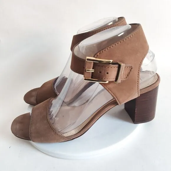 Louise Et Cie Taupe Leather Open Toe 3&quot; Block Heel Ankle Strap Sandals 8 /38 EUC