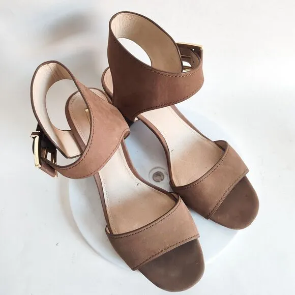 Louise Et Cie Taupe Leather Open Toe 3&quot; Block Heel Ankle Strap Sandals 8 /38 EUC