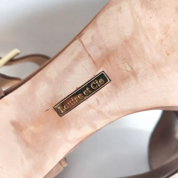 Louise Et Cie Taupe Leather Open Toe 3&quot; Block Heel Ankle Strap Sandals 8 /38 EUC