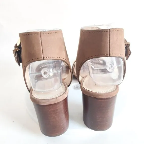 Louise Et Cie Taupe Leather Open Toe 3&quot; Block Heel Ankle Strap Sandals 8 /38 EUC