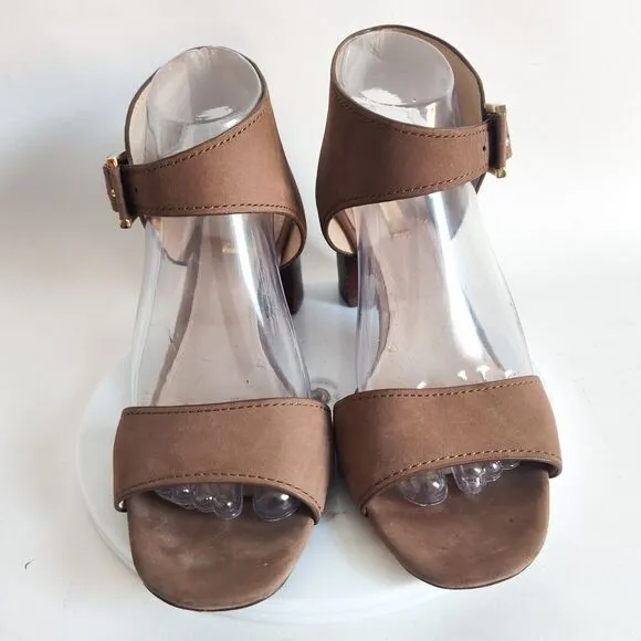 Louise Et Cie Taupe Leather Open Toe 3&quot; Block Heel Ankle Strap Sandals 8 /38 EUC
