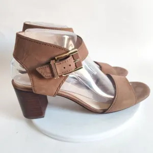 Louise Et Cie Taupe Leather Open Toe 3&quot; Block Heel Ankle Strap Sandals 8 /38 EUC