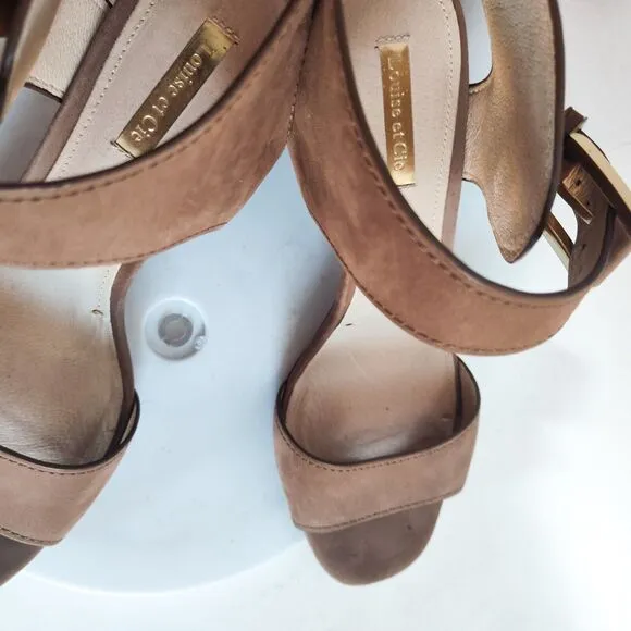 Louise Et Cie Taupe Leather Open Toe 3&quot; Block Heel Ankle Strap Sandals 8 /38 EUC