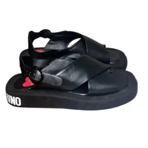 Love Moschino Sandals Black leather crossover pattern with buckle closure sz 38