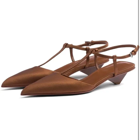 Low Buckle Heeled Sandal Ankle Strap Fashion Satin Pointed toe Sliangback Pumps